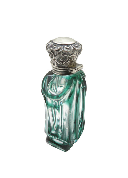 Antique Victorian Sterling Silver & Green Overlay Scent/ Perfume Bottle 1899