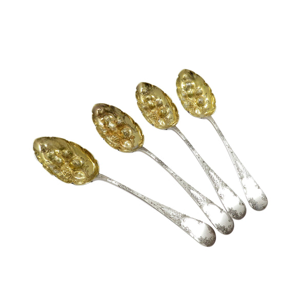 Set of 4 Antique Victorian Sterling Silver Berry Spoons in Case 1892