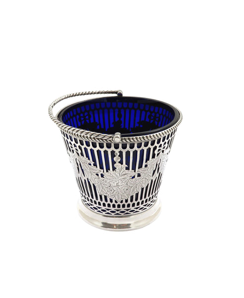 Antique Victorian Sterling Silver Basket with Blue Glass Liner 1869