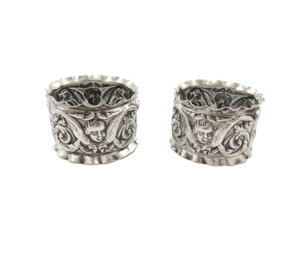 Pair of Antique Victorian Sterling Silver 'Angels' Napkin Rings in Case 1898