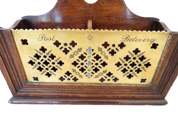 Victorian Pierced Brass & Oak 10" Letter Rack c1880