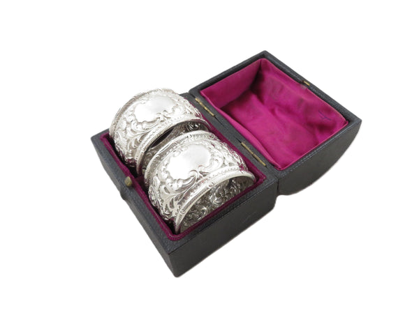 Pair of Antique Victorian Sterling Silver Napkin Rings in Case 1892/93