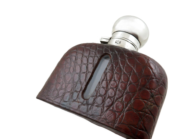 Antique Victorian Silver Plated & Crocodile Leather Hip Flask c1890