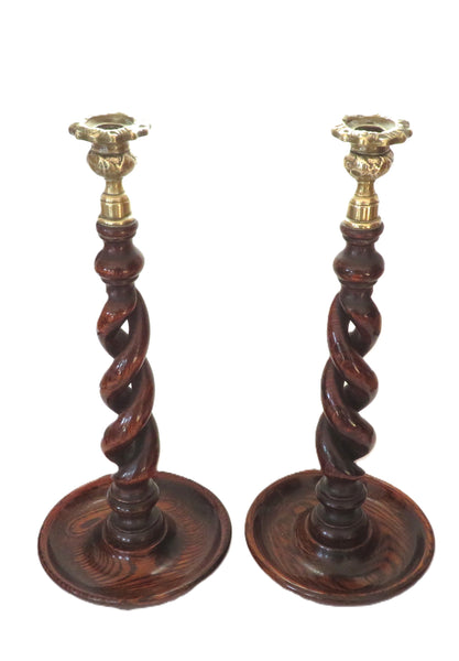 Antique Oak Open Barley Twist 14 1/2" Candlesticks with Brass Thistle Tops c1900