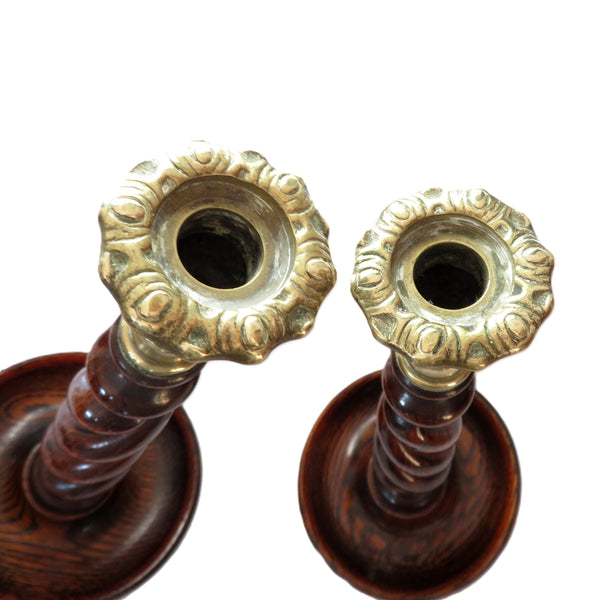 Antique Oak Open Barley Twist 14 1/2" Candlesticks with Brass Thistle Tops c1900